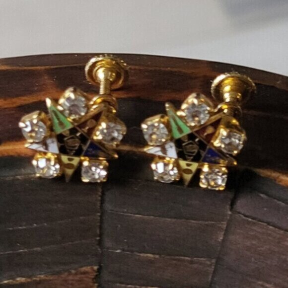 Gold Order of The Eastern Star Earrings Mosaic Rhinestone - Picture 3 of 6